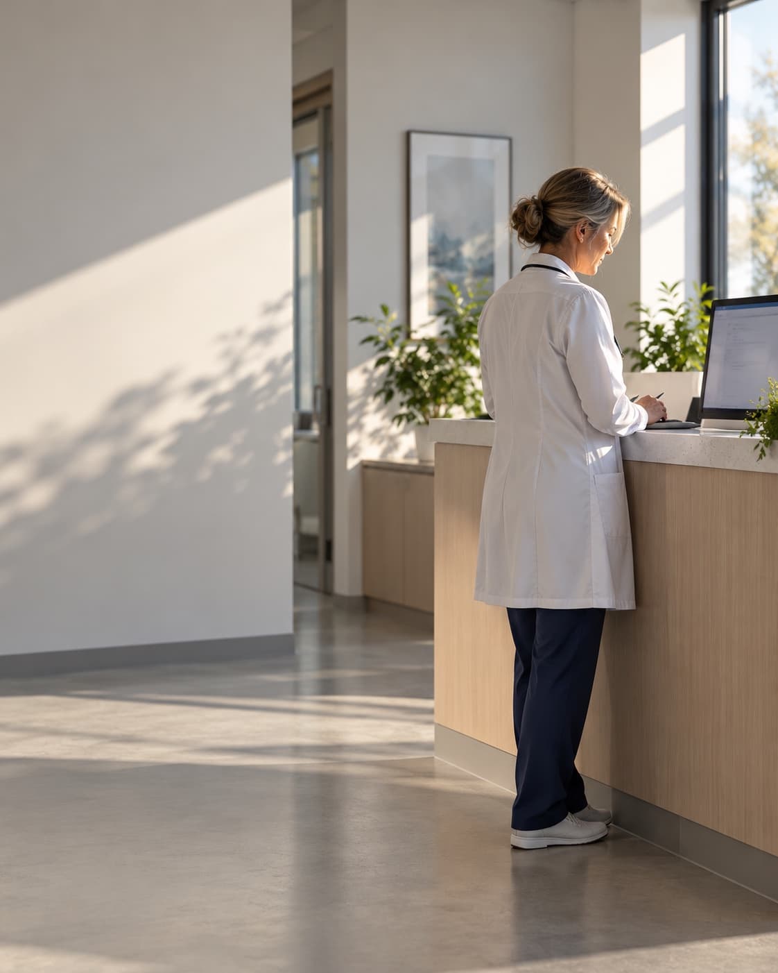 A physician reviewing billing figures at a practice reception desk.