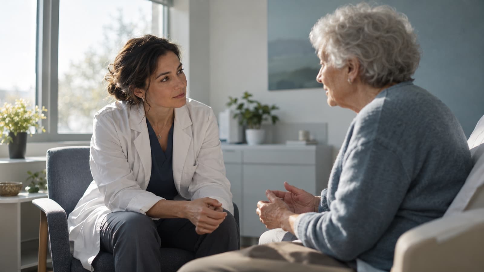 A physician listening to an older patient in a consultation room.
