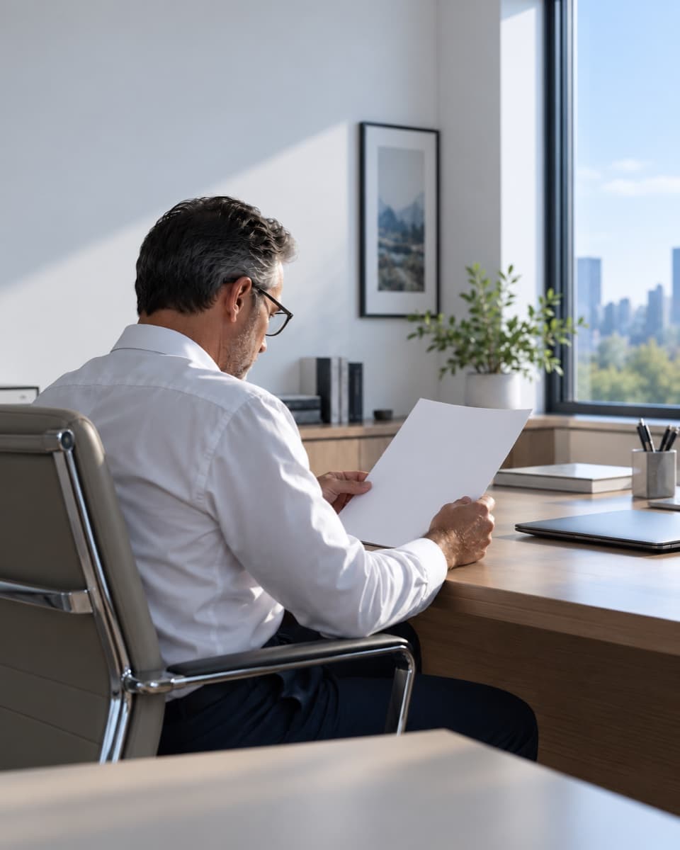 A practice owner reading a month-end statement at his desk.